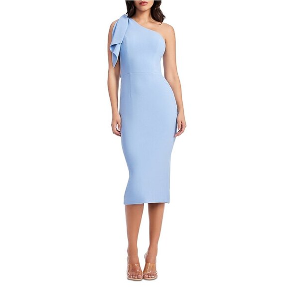 DRESS THE POPULATION Tiffany One-Shoulder Midi Dress in Sky Size Medium - Picture 8 of 8
